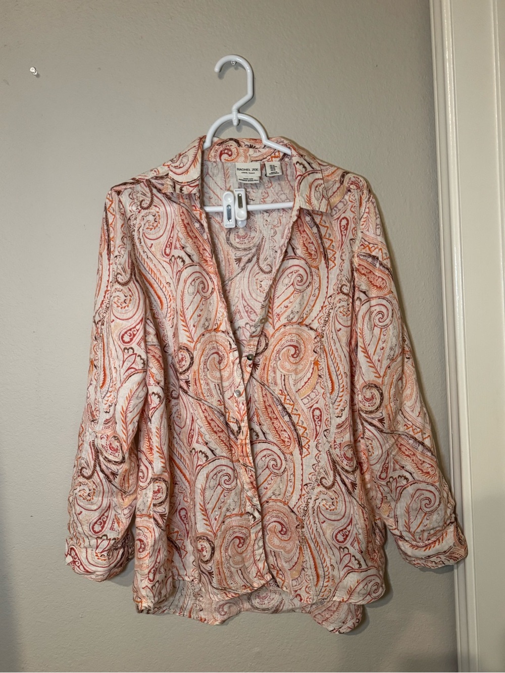 Vintage Style Paisley Button-Front Blouse - Orange/Pink - 100% Linen